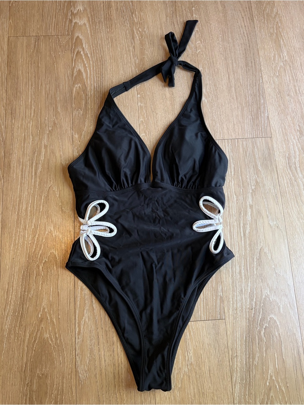 Black & White One-Piece Halter Swimsuit w/ White Flower Cutout